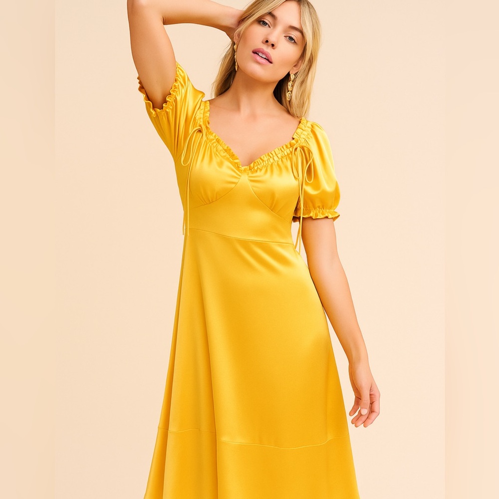 👗🌺Anthropologie Yellow Midi Dress M 6 8 Boho Cottagecore Puff Sleeve Ruffle Trim